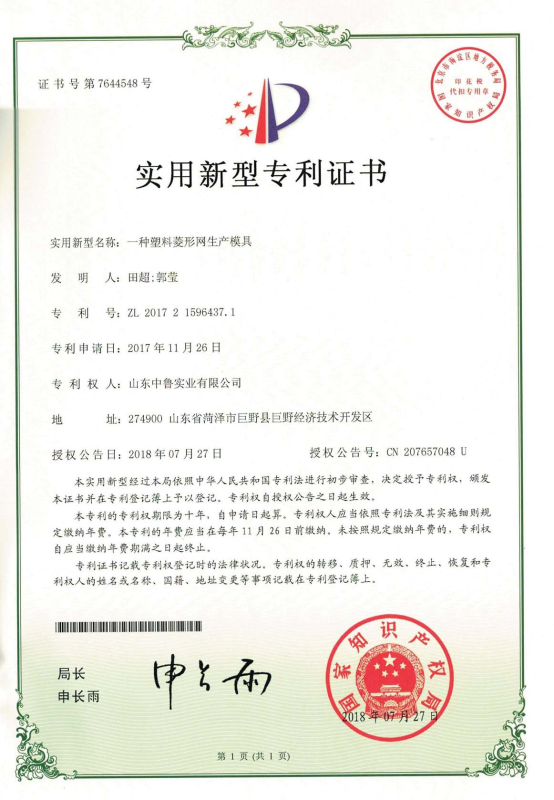 專利證書：一種塑料菱形網(wǎng)生產(chǎn)模具